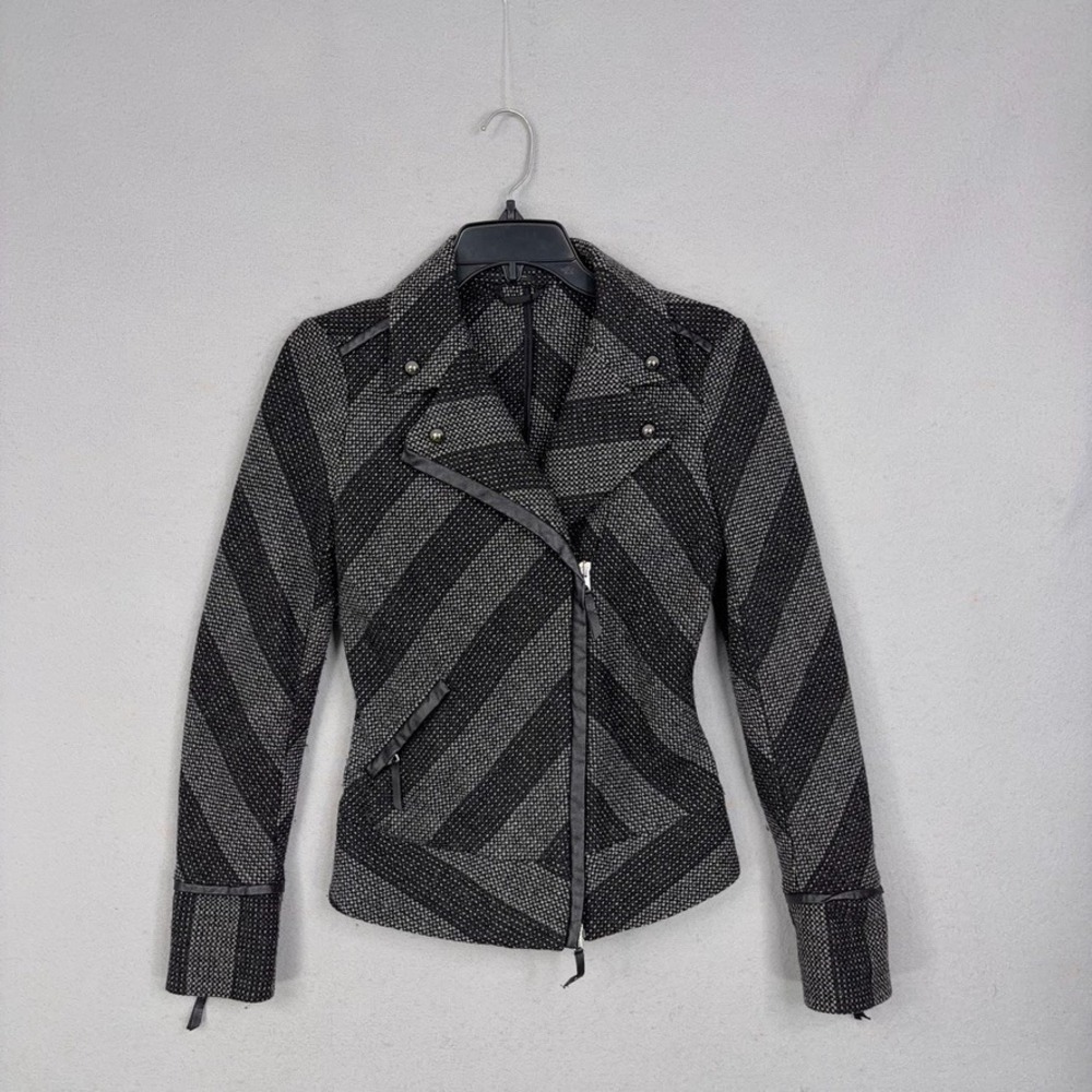 Stile Benetton Moto Jacket Womens XS Striped Wool Blend Asymmetric Biker Edgy